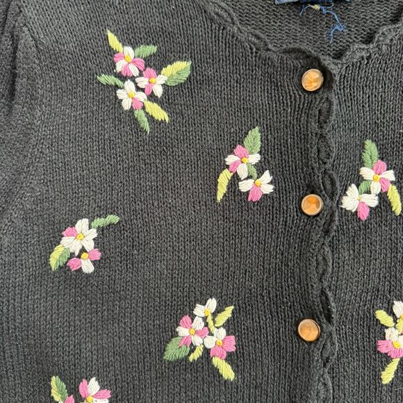Vtg 1990s Herman Geist Black Hand Embroidered Floral Short Sleeve Sweater Small - Picture 2 of 7